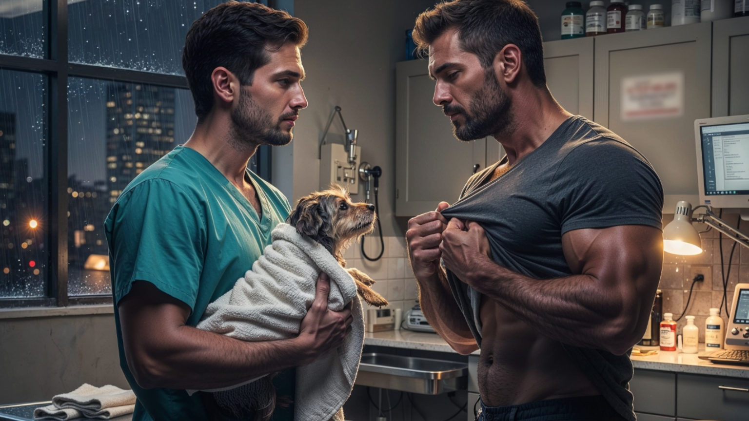 A drenched man and a vet tech standing close in a small exam room while a small dog watches between them.